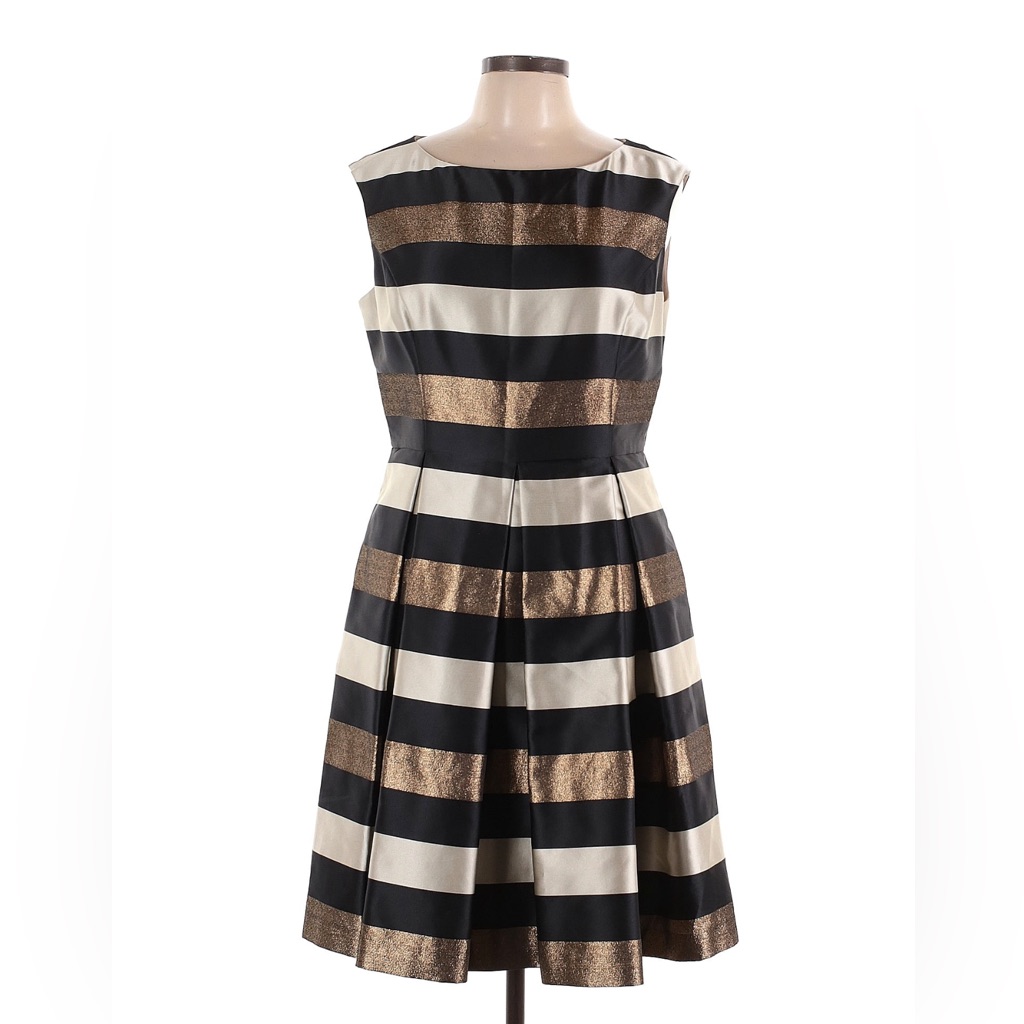 Black, Ivory & Metallic Gold Striped Fit-And-Flare Dress